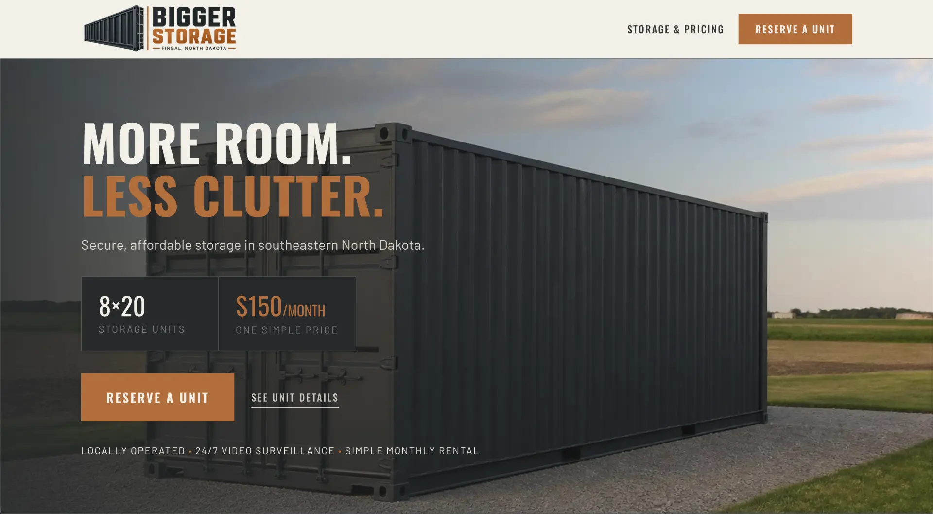 Bigger Storage homepage hero designed by Proper Form