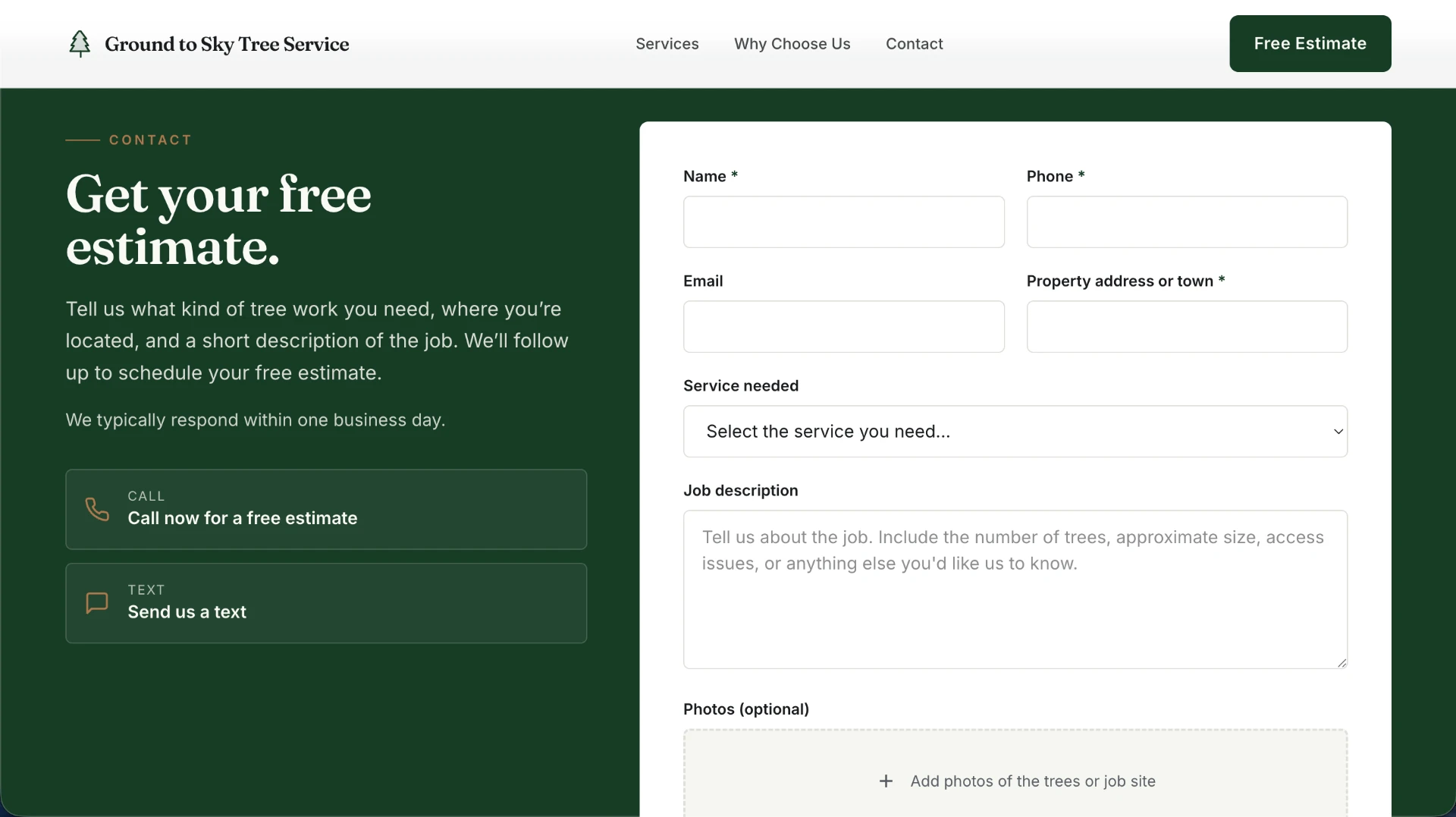 Ground to Sky Tree Service free estimate contact form