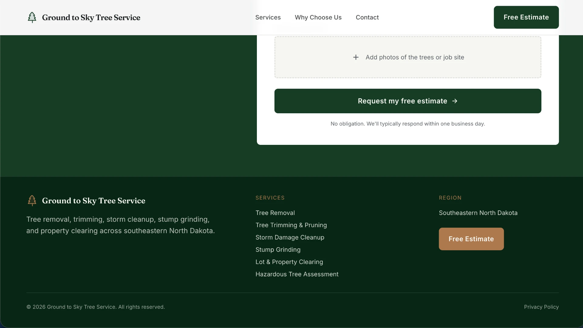Ground to Sky Tree Service estimate submission and footer