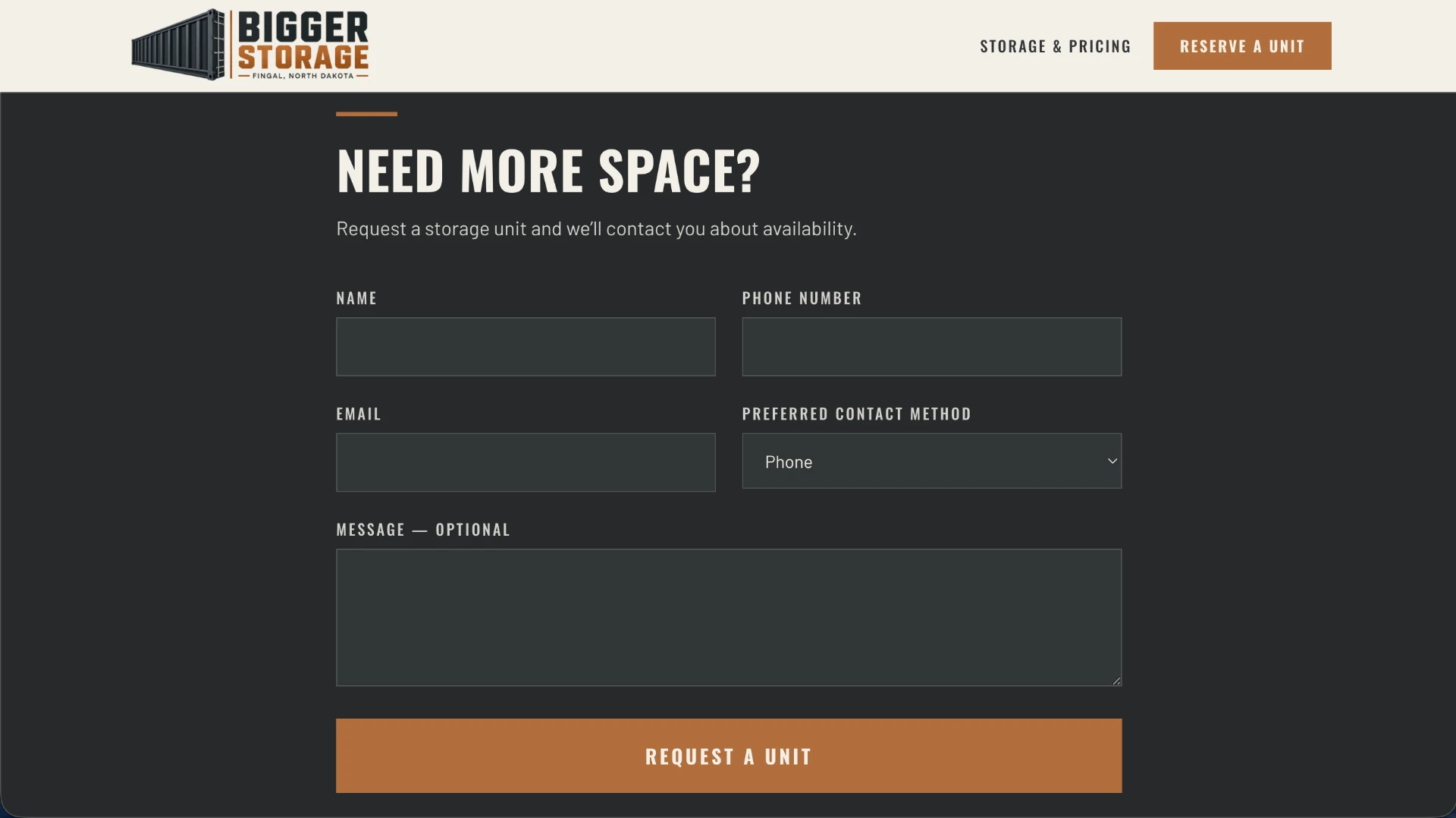 Bigger Storage unit request form