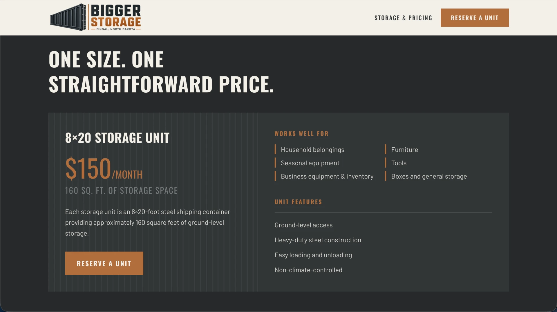 Bigger Storage pricing and unit detail page