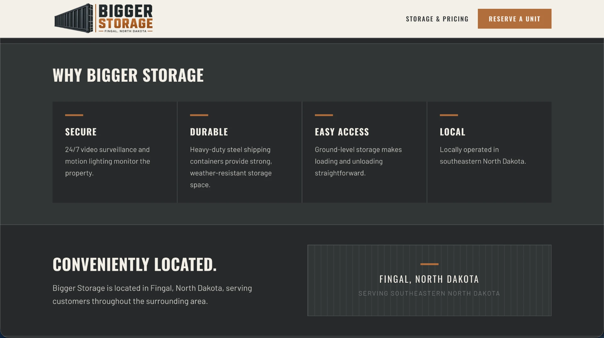 Bigger Storage business information and location sections
