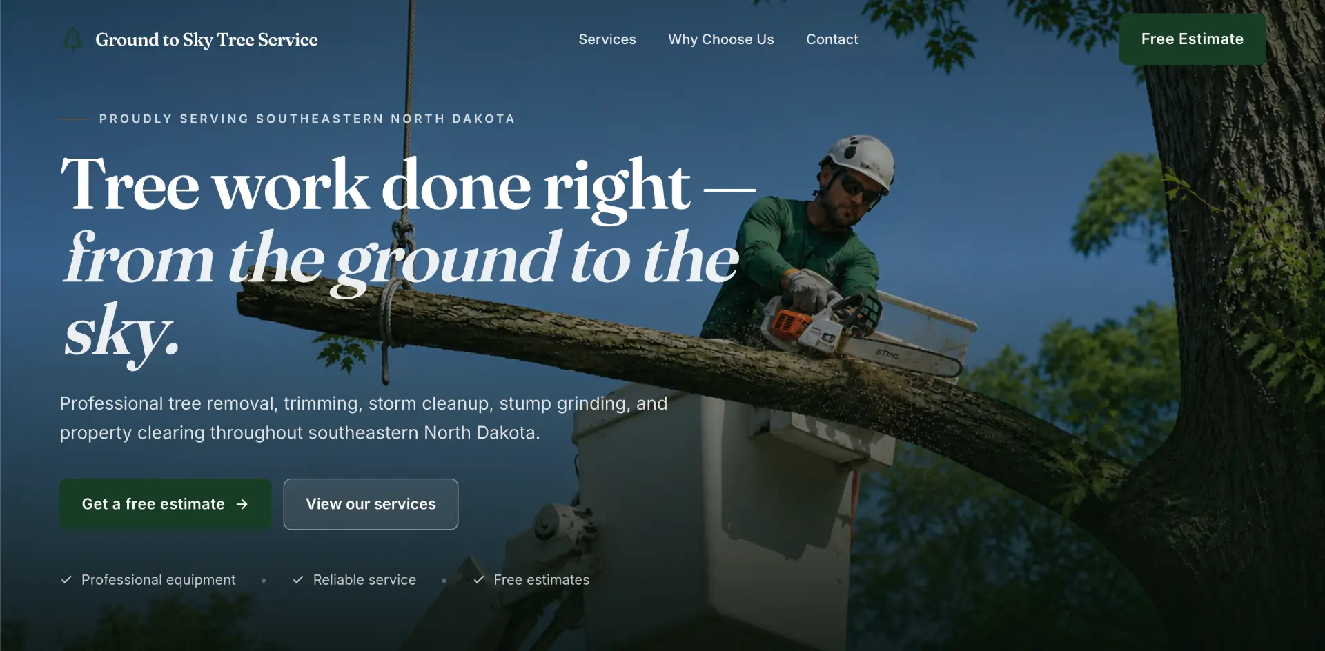 Ground to Sky Tree Service homepage hero designed by Proper Form